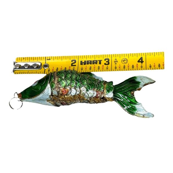 Large 4" Vintage Articulated Cloisonne Enamel Fish Pendant Keychain Green & Gold - Picture 5 of 7